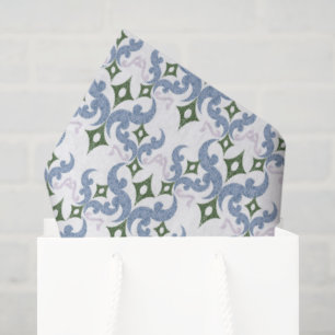 Papel De Seda azul y verde damasco ornamento puntillismo