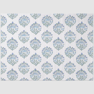 Papel De Seda Azul y verde floral a mano, marfil