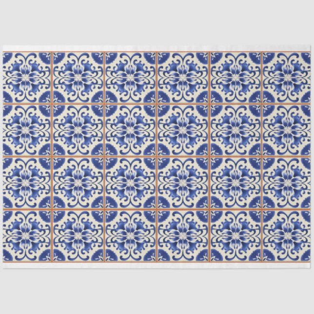 Papel De Seda azulejo azul con gruta naranja (Anverso)
