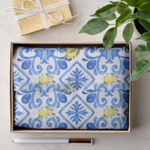 Papel De Seda Azulejo Azul Limón Amarillo