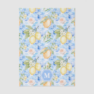 Papel De Seda Azulejo Azul Mediterráneo Limoncello Monograma Nom