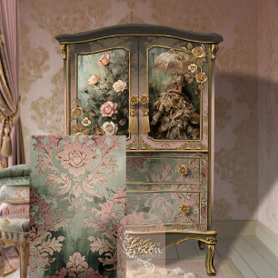 Papel De Seda Azulejo Barroco Damask Rosa polvoriento y Verde