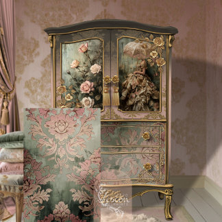 Papel De Seda Azulejo Barroco Damask Rosa polvoriento y Verde