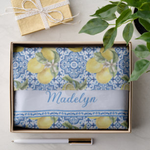 Papel De Seda Azulejo Blanco Azul Nombre Patrón Limón Mediterrán