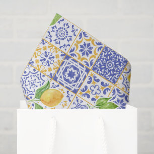 Papel De Seda Azulejo de Acuarela Mediterráneo Patrón de Limón