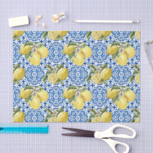 Papel De Seda Azulejo de limón blanco azul patrón mediterráneo