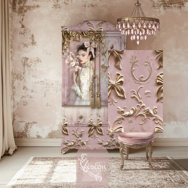 Papel De Seda Azulejo de Patrón Repetido Rosa Dorado Gildado Coq (Coquette Aesthetics, Baroque Rose Pink and Gilded Gold Bow  Repeat Pattern Tile Decoupage Tissue)