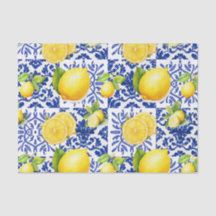 Azulejo Patrón Limón Blanco Azul Mediterráneo Cítr
