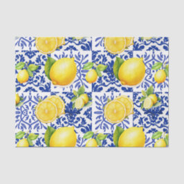 Papel De Seda Azulejo Patrón Limón Blanco Azul Mediterráneo Cítr