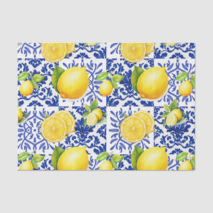 Papel De Seda Azulejo Patrón Limón Blanco Azul Mediterráneo Cítr