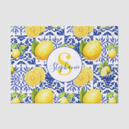 Papel De Seda Azulejo Patrón Monograma Nombre Limón Azul Blanco 