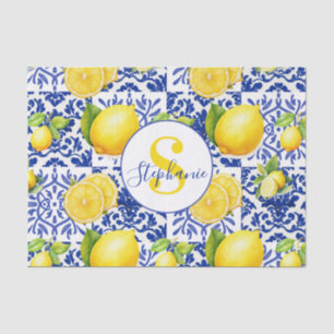 Papel De Seda Azulejo Patrón Monograma Nombre Limón Azul Blanco 