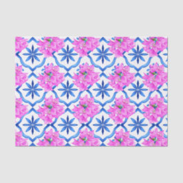 Papel De Seda Azulejos azules Bougainvillea de temática mediterr