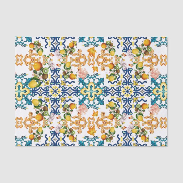 Papel De Seda Azulejos Azules Patrón Mediterráneo (Anverso)