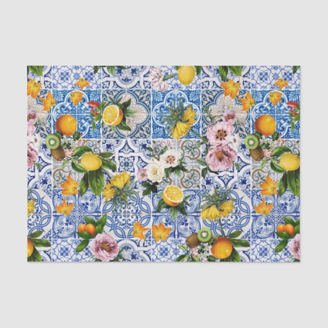 Papel De Seda Azulejos Azules Patrón Mediterráneo (Anverso)