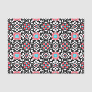 Papel De Seda Azulejos florales marroquíes, negros, blancos y ro