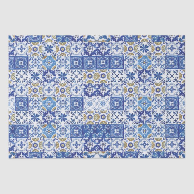 Papel De Seda Azulejos Mosaico Mediterráneo Azul Amarillo Blanco (Anverso)