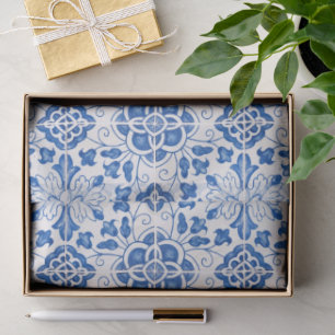 Papel De Seda Azulejos portugueses florales azul mediterráneo