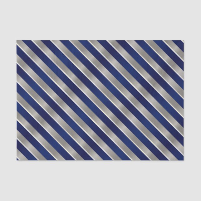 Papel De Seda Azules marinos, plata y rayas diagonales blancas (Anverso)
