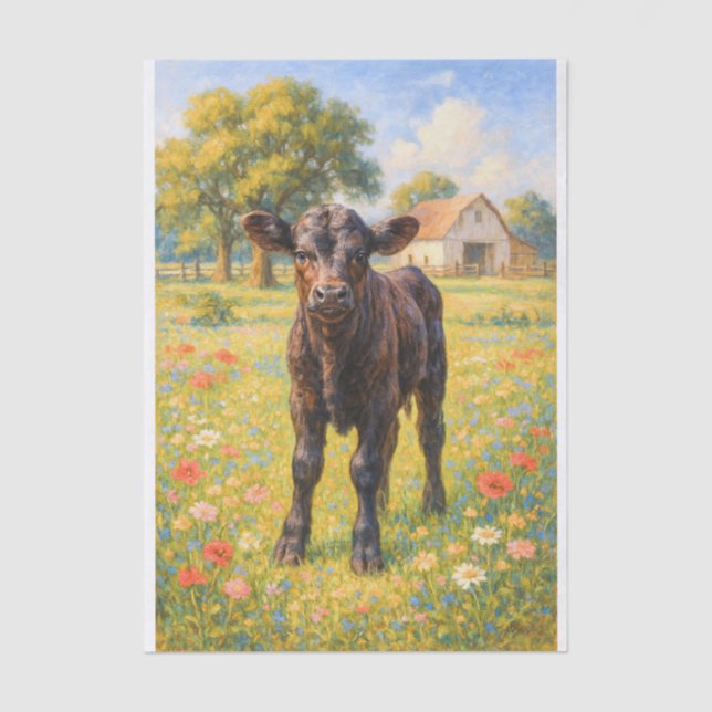 Papel De Seda Baby Cow in Pasture Farmhouse Decoupage Paper  (Anverso)
