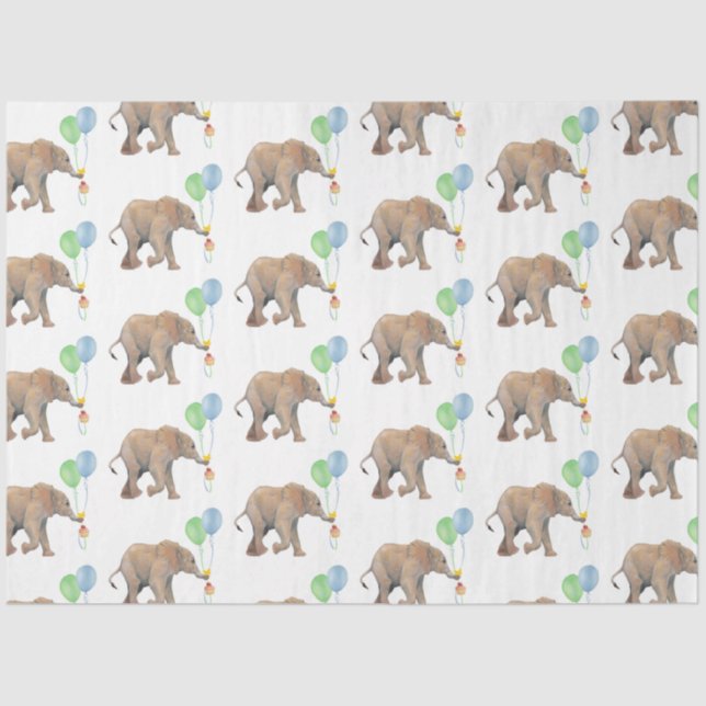 Papel De Seda Baby Elephant green & blue balloon Tissue Paper.  (Anverso)