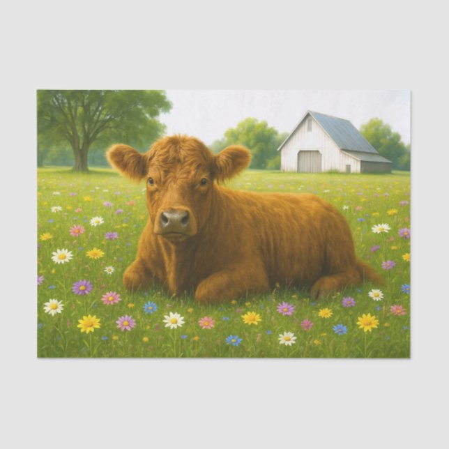 Papel De Seda Baby Highland Cow in Pasture of Flowers (Anverso)