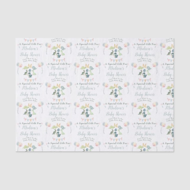 Papel De Seda Baby Shower Cute Dinosaur Mom Name Blue (Anverso)