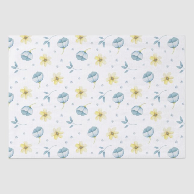 Papel De Seda Baby Shower floral azul amarillo bonito (Anverso)