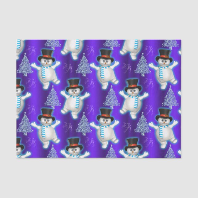 Papel De Seda Bailando muñecos de nieve sobre Navidades azules (Anverso)