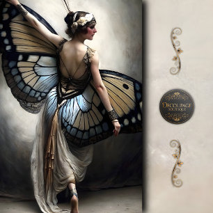 Papel De Seda Bailarina de Mariposa en Decoupage Crema y Azul
