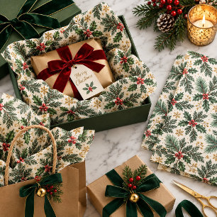 Papel De Seda Bajo el Acebo de hoja perenne y oro de Navidad