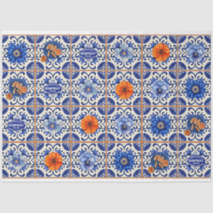 Papel De Seda Baldosas azules con flores naranjas desconchadas