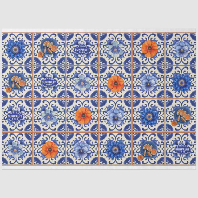 Papel De Seda Baldosas azules con flores naranjas desconchadas (Anverso)