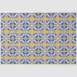 Papel De Seda Baldosas azules con flores y grumos amarillos