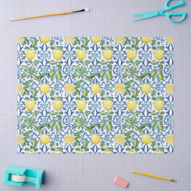 Papel De Seda Baldosas azules de Lemons Mediterráneas (Artesanía)