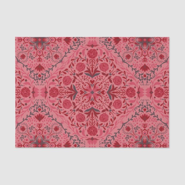 Papel De Seda Baldosas florales en rojo y rosa de la sandía (Anverso)