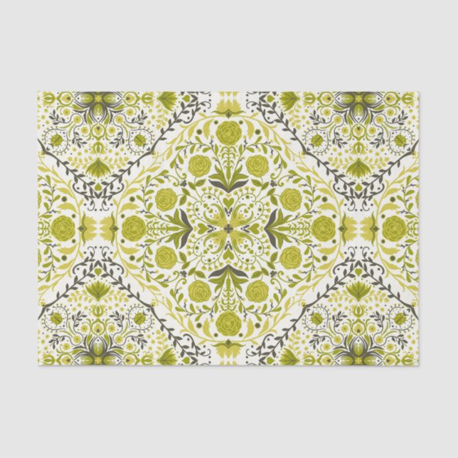 Papel De Seda Baldosas florales en verde (Anverso)