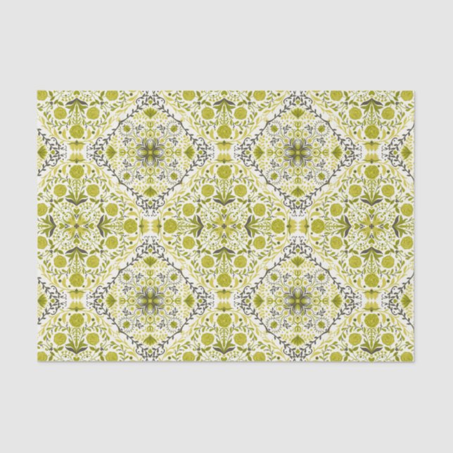 Papel De Seda Baldosas florales en verde (Anverso)