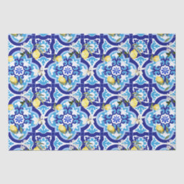 Papel De Seda Baldosas mediterráneas, azulejos azules, limón,
