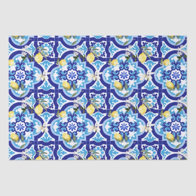 Papel De Seda Baldosas mediterráneas, azulejos azules, limón, (Anverso)