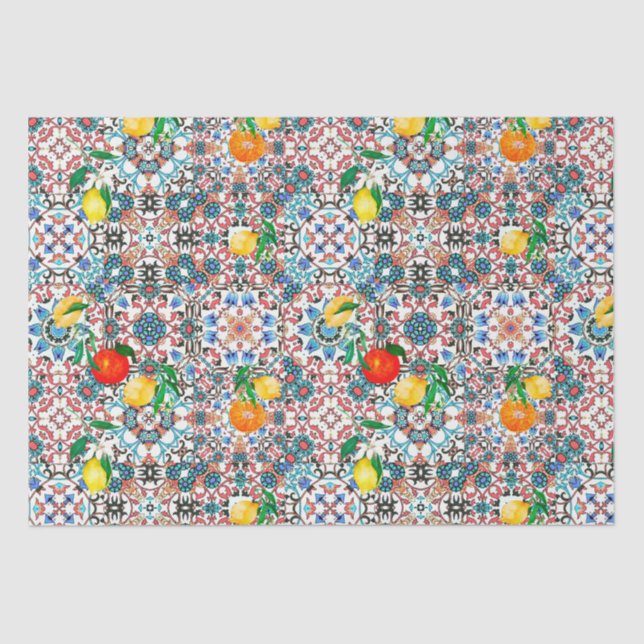 Papel De Seda Baldosas mediterráneas, mosaicos, limón, arte de v (Anverso)