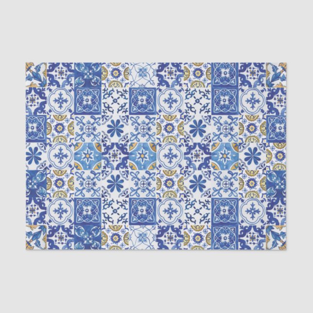 Papel De Seda Baldosas Mosaicas Mediterráneas Artesanías Azul (Anverso)