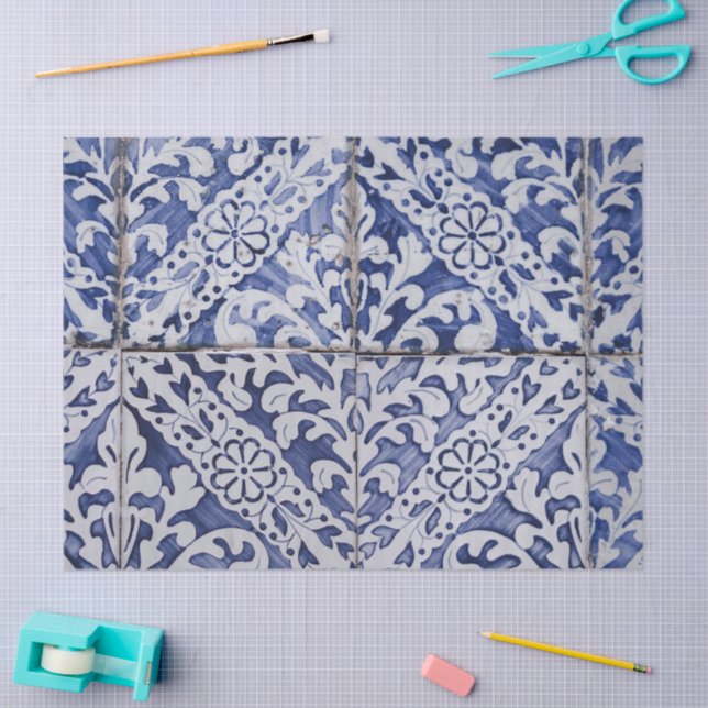Papel De Seda Baldosas portuguesas - Azulejo Floral azul y blanc (Artesanía)