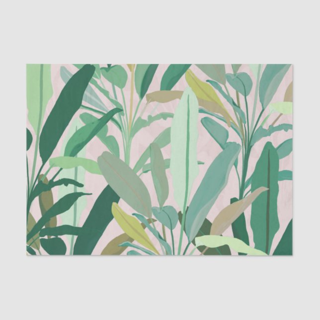 Papel De Seda Banana verde tropical deja patrón rosa (Anverso)