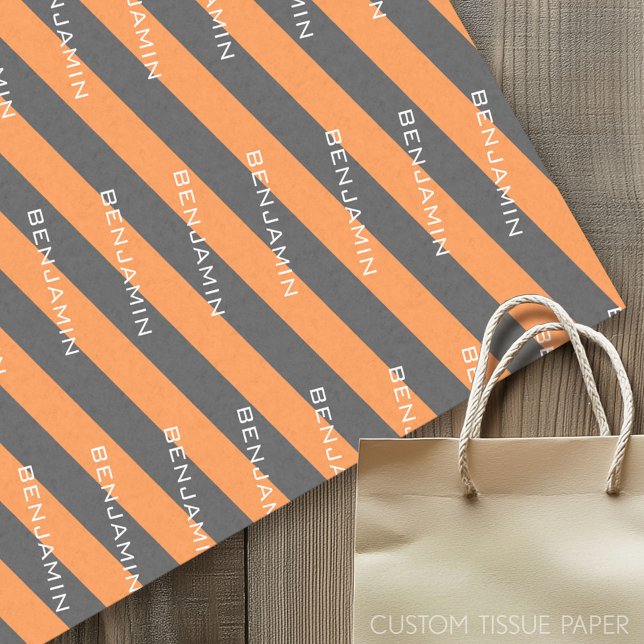 Papel De Seda Bandas de rugby naranja y gris con nombre personal (Custom Tissue Paper)