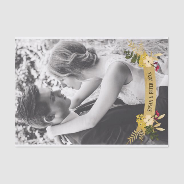 Papel De Seda Bandera dorada con flores superpuestas Agrega tu p (Anverso)