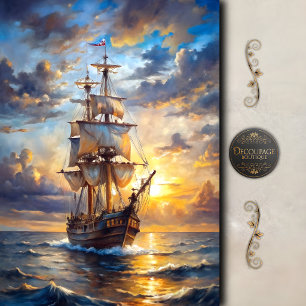 Papel De Seda Barco de vela decoupage puesta de sol dorada