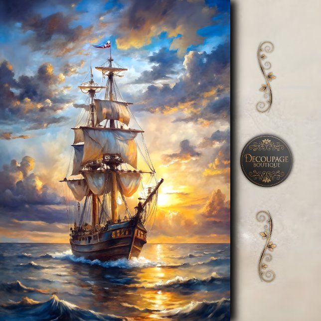 Papel De Seda Barco de vela decoupage puesta de sol dorada (Golden Sunset Sailing Ship Decoupage Tissue Paper)