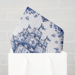 Papel De Seda Barco Mercante Estilo Delft Azul Blanco