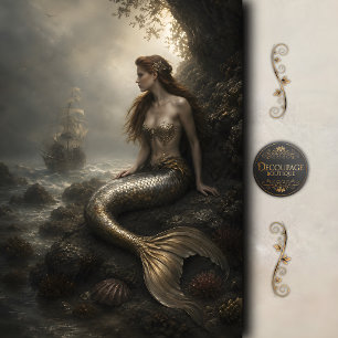 Papel De Seda Barco Naufragado Sirena Dorada Decoupage